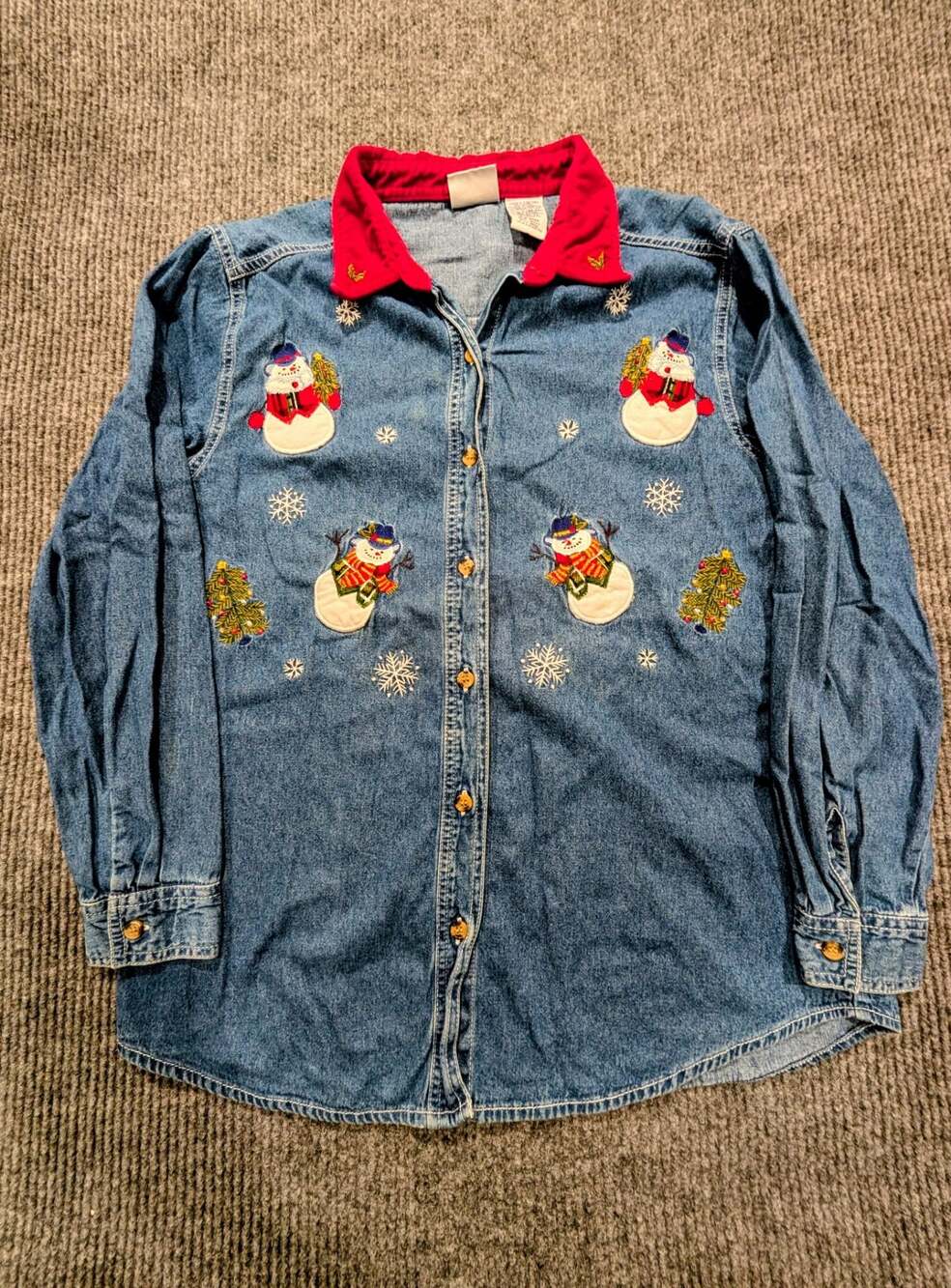 Vintage Snowman Embroidered Long Sleeve Button Up Shirt Denim Holidays Size L